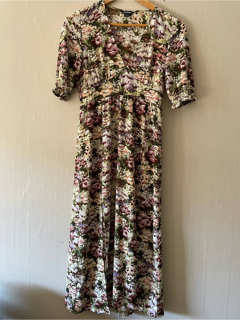 Monki Floral Midi Dress in Olive, Mauve and Cream